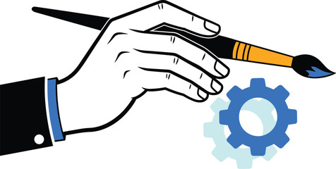 Hand Crafting a Solution: Hand Drawing Gear with Paintbrush for Innovation in Technology, Engineering, Design & Manufacturing - Creative Process, Problem Solving, Conceptual Illustration, Customized S