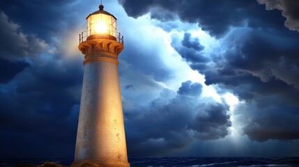 Luminous Lighthouse Guiding Through Dramatic Stormy Skies