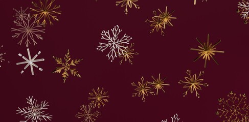 Festive Christmas background featuring elegant golden and white snowflakes on a deep red backdrop. Perfect for holiday designs and winter celebr