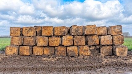 Stacked weathered wooden beams under a cloudy blue sky