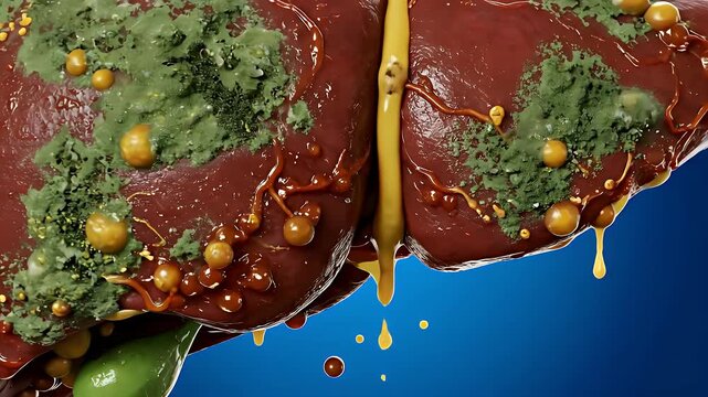 Diseased Human Liver With Fatty Deposits and Greenish Growths and Bile Draining Against Blue Background