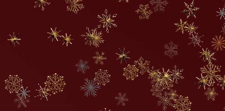 Abstract festive background with gold and silver snowflakes floating on a burgundy backdrop, perfect for holiday greetings and seasonal designs.