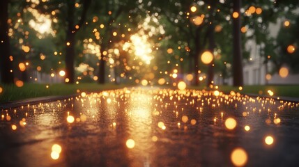 Rainy path reflecting golden light through trees
