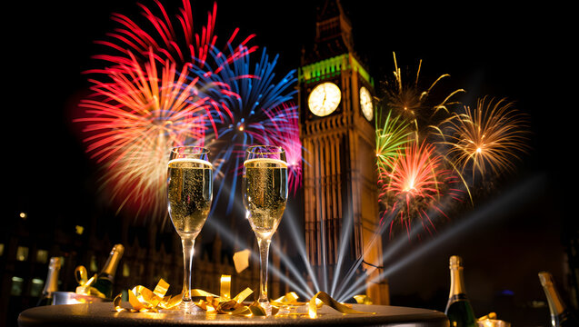 Champagne glasses and fireworks celebrate new year s eve in london with big ben - Powered by Adobe