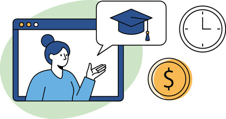 Online Education Program Presentation: A woman in a video call describes affordable, quality schooling from home for career advancement and professional growth, investing time and money to earn degree