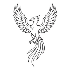 Obraz premium Black and white phoenix on white background. Coloring page with flat design of phoenix