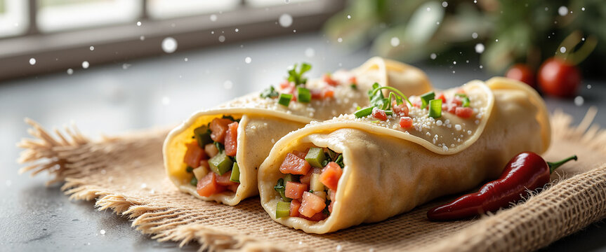 Tamales filled with vegetables on burlap with festive snow falling - Powered by Adobe