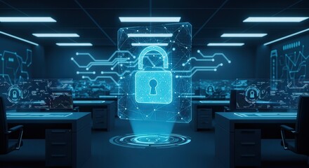 Futuristic office with holographic lock interface and glowing network lines