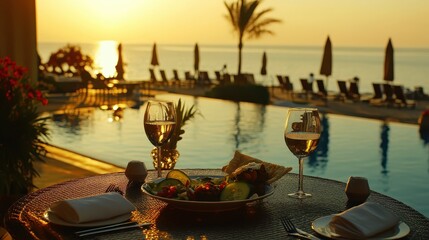 Sunset dinner meal with wine glasses near a resort pool