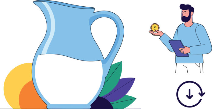 Milk Pitcher with Businessman Managing Finances, Calculating ROI in Bright, Minimalist Style for Financial Presentation:  A Conceptual Graphic for Business, Investment, and Dairy Industry Marketing, D - Powered by Adobe