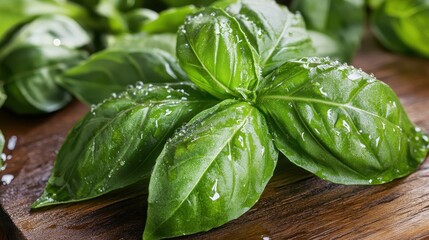 Obraz premium Fresh basil leaves with water droplets up close