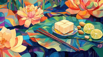 Tofu Pad Thai Noodles with Chopsticks on a Colorful Plate