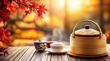 Traditional Asian meal served in bamboo basket with steaming food