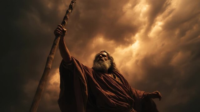 Staff held high, Moses prays. The prophet believes. God grants a miracle. Clouds darken. Sea opens. Robe moves in wind. Servant walks forward. Faith grows. The staff glows with divine light.