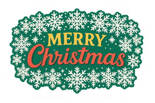 Merry christmas greeting sticker with festive snowflakes and typography on a dark green background, transparent background
