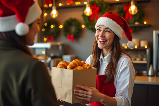 Happy female baker in Santa hat serving clients. Smiling woman baker holding paper bag with pastry. Festive Christmas bakery interior with happy customer