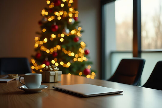 Modern meeting room with elegant Christmas tree. Corporate office interior decorated for holidays. Business workspace festive New Year atmosphere.