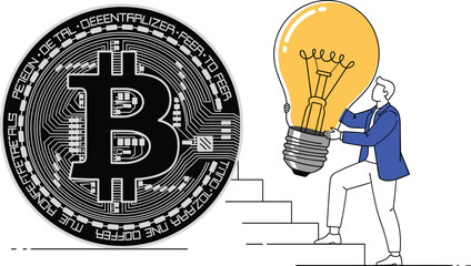 Bitcoin Blockchain Innovation: Man Climbing Stairs with Lightbulb Idea Next to Cryptocurrency Token, Representing Technology Advancement in Financial Sector, Modern Investment Strategy, Graphic Illust