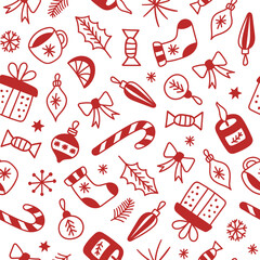 Winter seamless pattern of seasonal linear elements on a white background. Red and white colors. Christmas hand drawn print. Vector retro illustration