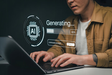 Futuristic ai technology concept shows human interacting with advanced digital data processing interface