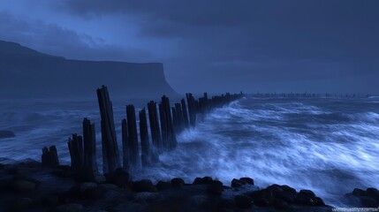 Wooden piers jutting from a turbulent sea under a dark sky