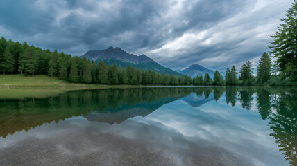 Serene mountain lake reflecting dramatic cloudy sky and evergreen forest