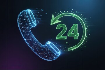 Futuristic digital communication 24 hour service concept with abstract phone and arrow icon
