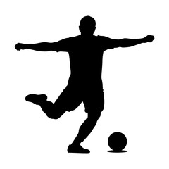 Silhouette of male soccer player kicking ball on white background