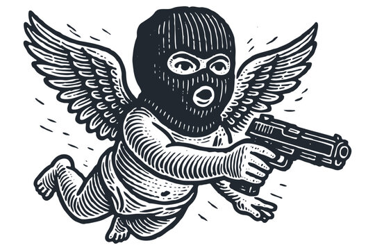 A cupid or cherub in a balaclava mask aims a gun. Ironic vector illustration in a vintage woodcut style, blending love, crime, and humor.