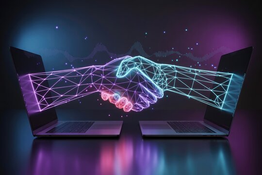 Futuristic digital business partnership handshake with glowing network lines and tech elements