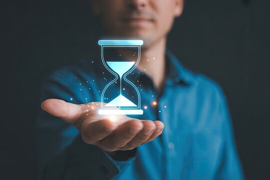 Futuristic digital hourglass hologram held in hand representing time management and future technology