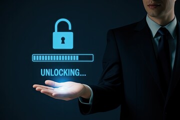 Futuristic digital security concept unlocking data with glowing padlock and progress bar