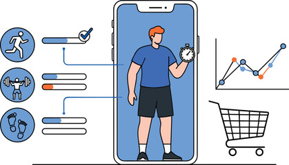 Fitness App on Smartphone Tracking Workout Progress: Man with Stopwatch, Exercise Icons, Training Data, Shopping Cart, Modern Digital Wellness Technology for Active Lifestyle and Performance, Diagram,
