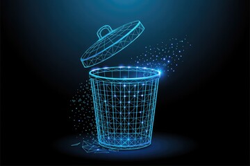 Futuristic digital trash can concept glowing with blue energy and data streams