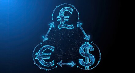 Futuristic robot with global currency symbols and digital interface on a dark blue background