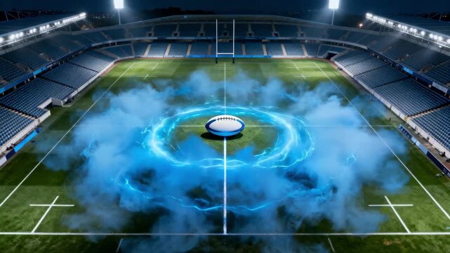 A rugby ball with blue energy effects in an empty stadium at night. Epic VFX animation of electric power on a sports field. A championship or competition concept. - Powered by Adobe