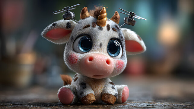 A cute 3D chibi unicorn playing with a small drone, symbolizing the mix of fantasy and technology. Adorable cartoon character with big eyes and playful expression, perfect for holiday designs, childre