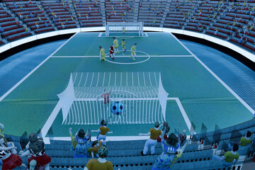 Virtual soccer field with players and multiethnic audience in stands after goal score
