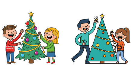Children Decorating Christmas Trees with Ornaments, Lights, and Stars in Festive Holiday Scene, Celebrating Winter Joy and Seasonal Traditions Together