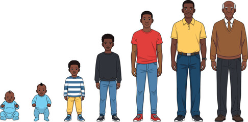 Cartoon male life stages from baby to elderly, vector illustration for growth, aging, development, education, and generational themes