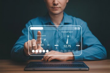 Woman interacting with futuristic transparent touchscreen displaying business analytics and data visualization charts