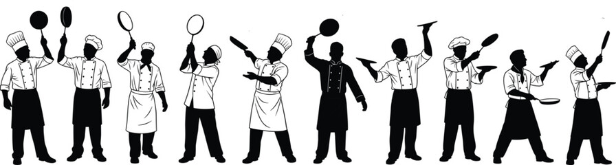 Chef silhouettes tossing kitchen utensils in dynamic poses, teamwork performance, culinary celebration, black and white vector illustration for stock content.
