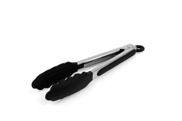 Black serving kitchen silicone tongs on a white background.