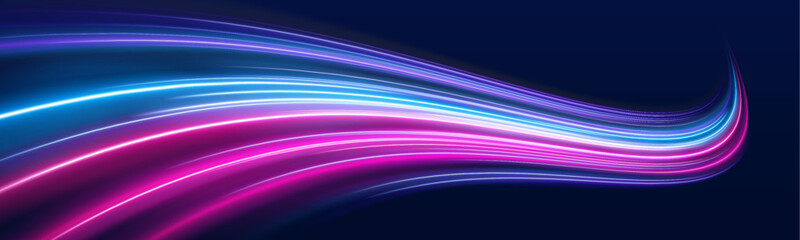 Light speed trails in neon blue and purple stretch across a transparent background, simulating futuristic motion. Each beam glows with energy and direction. Great for sci-fi or racing themes. PNG