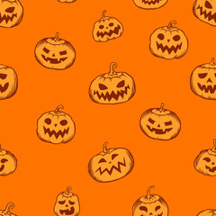 Scary halloween orange pumpkins seamless pattern for gift wrap or package. Trick or threat. Hand drawn engraved spooky vegetables