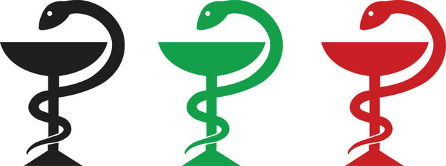 Bowl of Hygieia Vector Icon Set - Pharmacy, Medicine, and Health Care Symbols