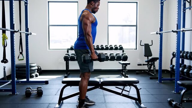 A fit man is working out in a gym, stepping up onto a bench while holding dumbbells