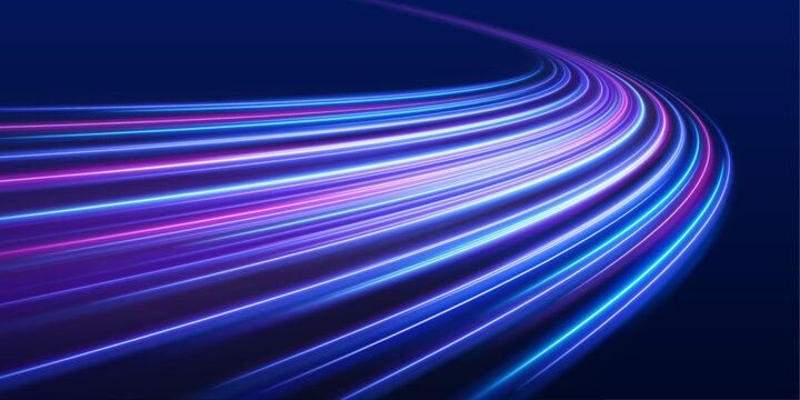 Colored shiny sparks of spiral wave. Curved bright speed line swirls. Vector vortex wake effect. Electric swirl lines, neon light effect. Abstract magic energy waves.	