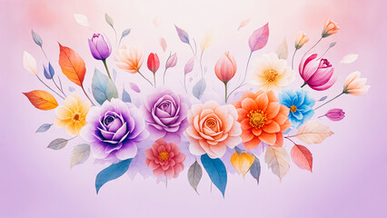 Delicate watercolor floral arrangement with roses, tulips and dahlias on soft pink pastel background
