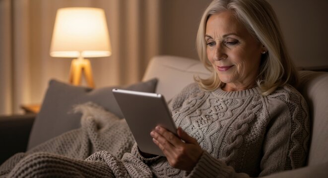 Senior woman relaxing on a sofa at home and using a digital tablet at night. Mature lady browsing the internet in a cozy living room